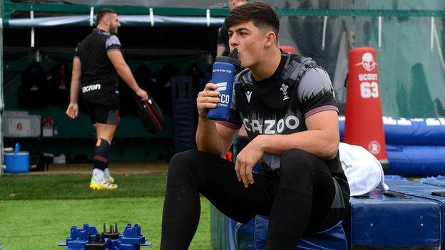 Louis Rees-Zammit during training on Thursday ahead of Wales' match against Argentina