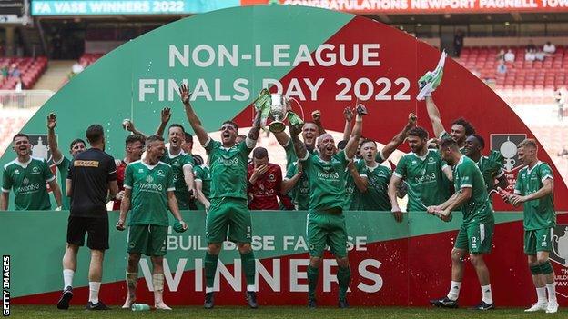 Newport Pagnell celebrate winning the FA Vase at Wembley