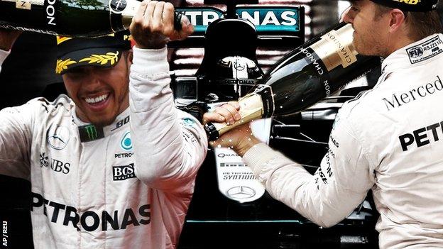 Lewis Hamilton and Nico Rosberg celebrate victories this season