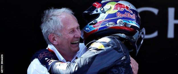 Helmet Marko & Max Verstappen celebrate Verstappen's win