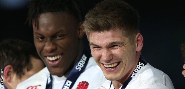 Maro Itoje and Owen Farrell enjoy England's 2016 Grand Slam