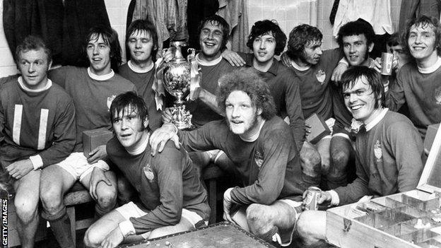 Wrexham players celebrate their Welsh Cup win in 1972