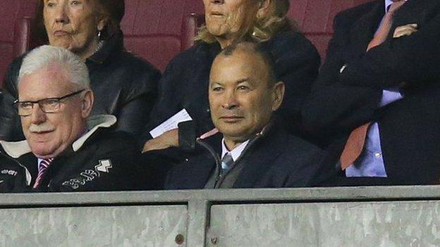 England rugby union coach Eddie Jones was given a lesson in rugby league at the DW Stadium, sat alongside Wigan chairman Ian Lenagan (left)