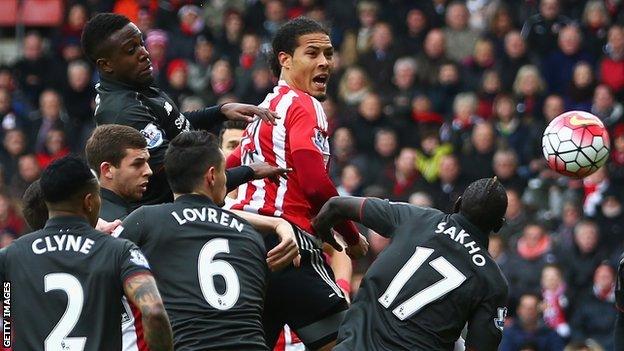 Virgil van Dijk wins a header against Liverpool