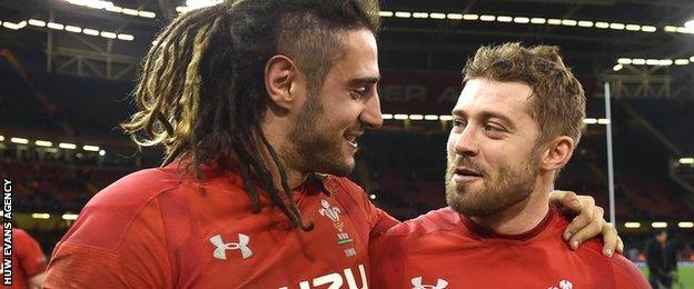 Josh Navidi and Leigh Halfpenny share a smile after Wales' win over South Africa