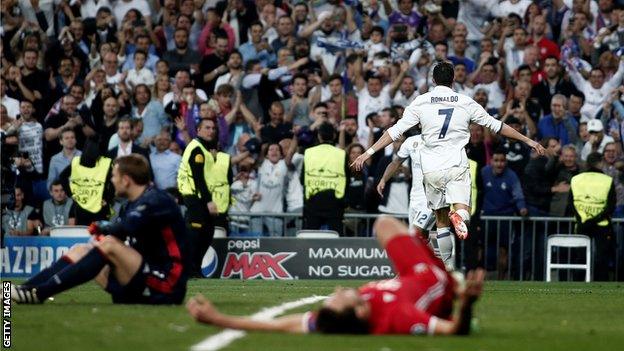 Cristiano Ronaldo celebrates scoring for Real Madrid against Bayern Munich in the 2017 quarter-finals