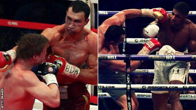 Klitschko beat Povetkin in 2013 (left) while Joshua beat the Ukraine fighter four years later