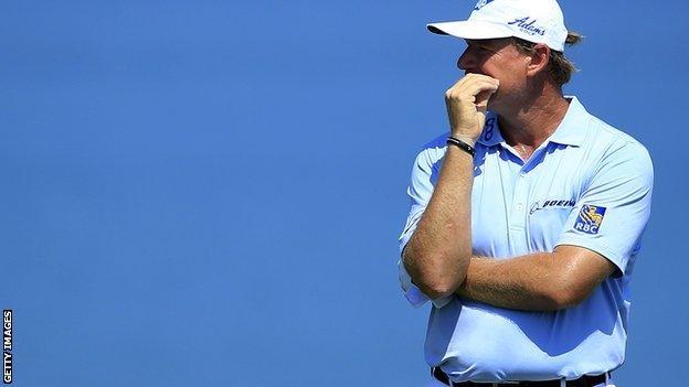 Ernie Els of South Africa ponders a shot on the third tee during the second round of the 2015 PGA Championship at Whistling Straits