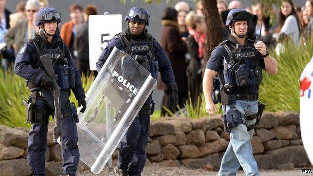 Police workers from the Critical Incident Response Team are seen outside Ravenhall Prison in Melbourne, Australia, 30 June 2015.