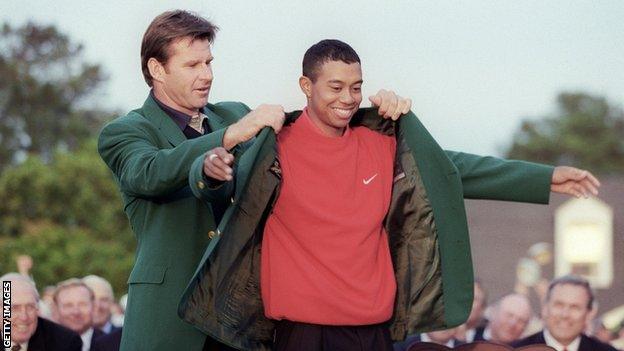 Tiger Woods is awarded his first Green Jacket in 1997