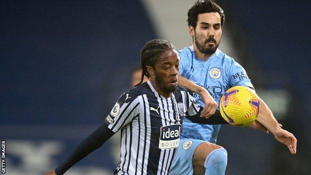 Romaine Sawyers in action during West Brom's loss to Manchester City