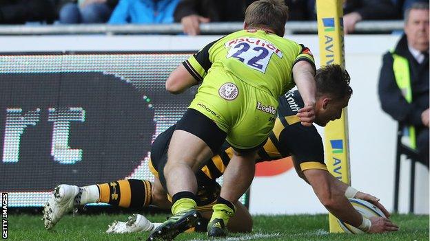 Josh Bassett scores Wasps' match-winning try against Leicester on Saturday