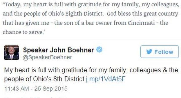 Tweet by John Boehner: My heart is full with gratitude for my family, colleagues and the people of Ohio's 8th district