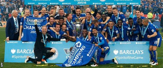 Leicester City celebrate with the Premier League trophy