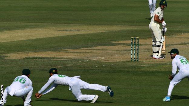 Aiden Markram is caught at slip by Imran Butt