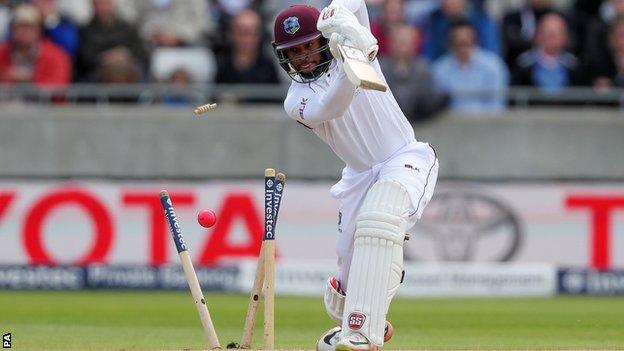 Shai Hope is bowled by Toby Roland-Jones