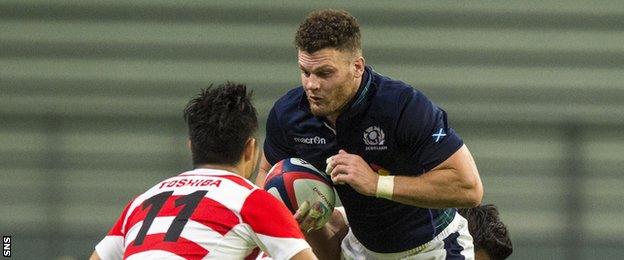 Scotland centre Duncan Taylor takes on the Japan defence