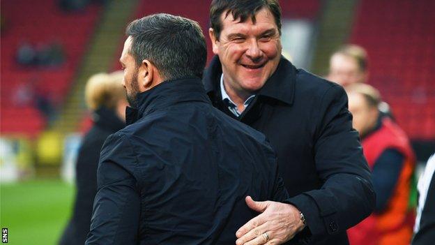 Former St Johnstone manager Tommy Wright shakes hands with Aberdeen boss Derek McInnes