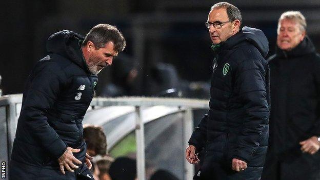 Republic assistant boss Roy Keane shows his frustration in Aarhus as manager Martin O'Neill looks on