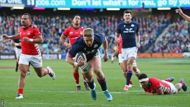 Kyle Steyn scores a try for Scotland against Tonga