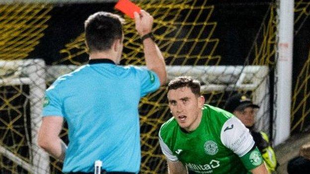 A woeful night for Hibs captain Paul Hanlon ended with a red card