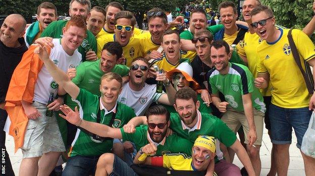 Republic of Ireland and Sweden fans mingle