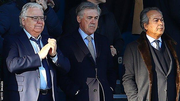 Everton chairman Bill Kenwright (left), manager Carlo Ancelotti (centre) and majority shareholder Farhad Moshiri (right)