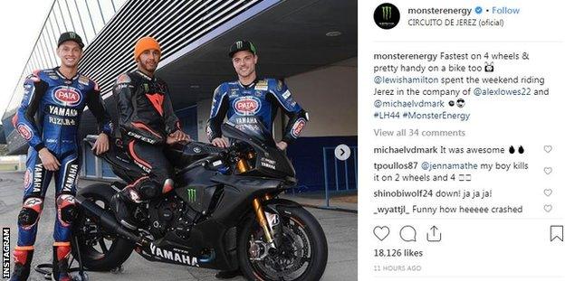 Instagram post about Lewis Hamilton riding a motorbike at Jerez