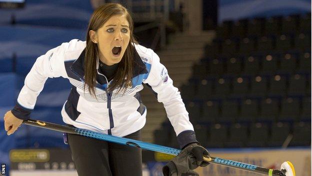 Skip Eve Muirhead makes a point to her team during the 2016 European Championships