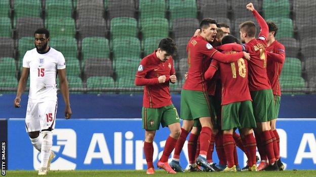 Portugal players celebrate Dany Mota's opening goal