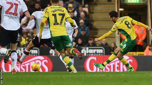 Mario Vrancic strikes to put Norwich 1-0 up against Bolton