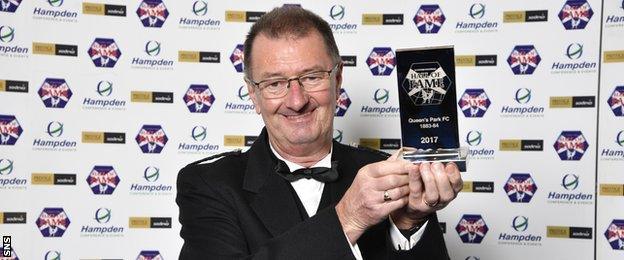 Queen's Park president Alan Hutchison receives the Scottish Football Hall of Fame award on behalf of the 1883-84 side