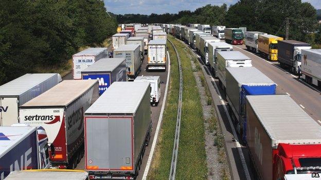 Lorries queued as part of Operation Stack along the north and southbound carriageways of the M20 in Ashford, Kent, on Wednesday