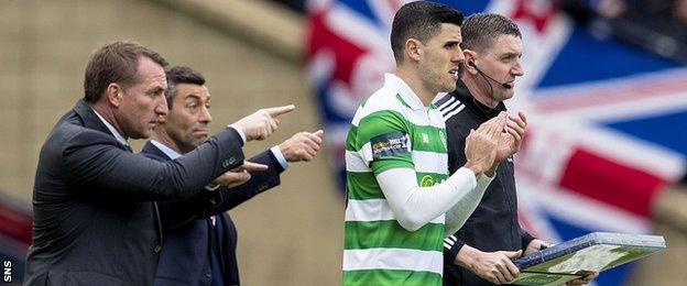 Celtic manager Brendan Rodgers (left) and Rangers' Pedro Caixinha direct their players at Hampden