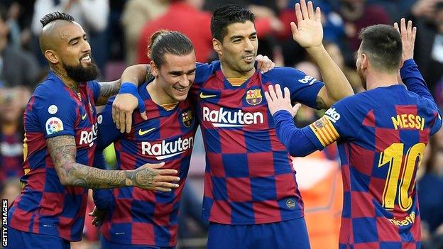 Arturo Vidal (left), Antoine Griezmann (centre left), Luis Suarez (centre right) and Lionel Messi (right)