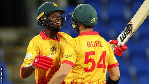 Milton Shumba and Ryan Burl celebrates Zimbabwe's win over Scotland at the T20 World Cup