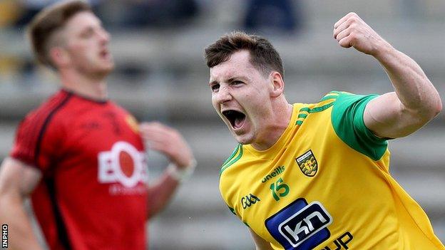 Donegal forward Jamie Brennan celebrates his goal against Down at Clones on Sunday