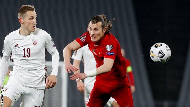 Turkey defender Caglar Soyuncu in action for his country against Latvia in a World Cup qualifer