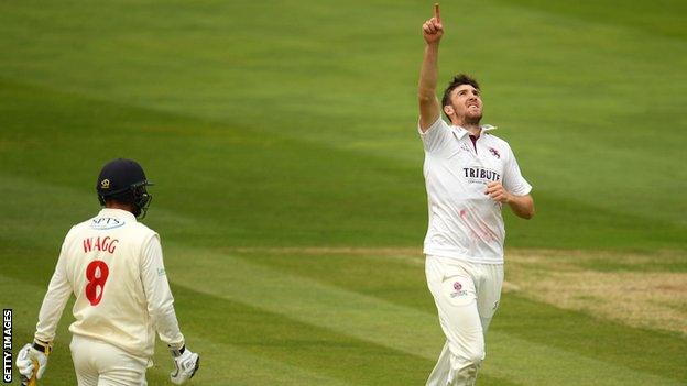 Craig Overton celebrates after claiming the wicket of Graham Wagg