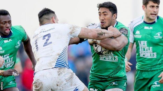 Ben Te'o and Bundee Aki in action during the Irish interprovincial derby at the Sportsground