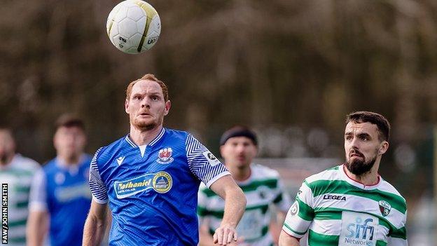 Shaun MacDonald in action for Penybont against The New Saints earlier this season.