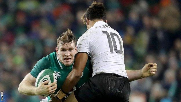 Ireland's Chris Farrell is tackled by Fiji fly-half Ben Volavola in last weekend's game