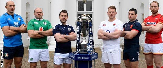 2017 Six Nations captains Sergio Parisse, Rory Best, Greig Laidlaw, Guilhem Guirado, Dylan Hartley and Alun Wyn Jones