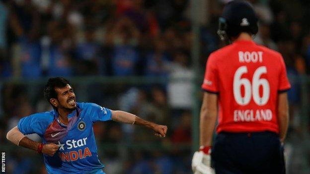 Joe Root watches Yuzvendra Chahal celebrate