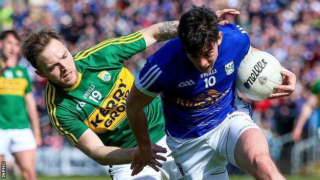 Kerry's Darran O'Sullivan challenges Cavan's Gerard Smith at Breffni Park