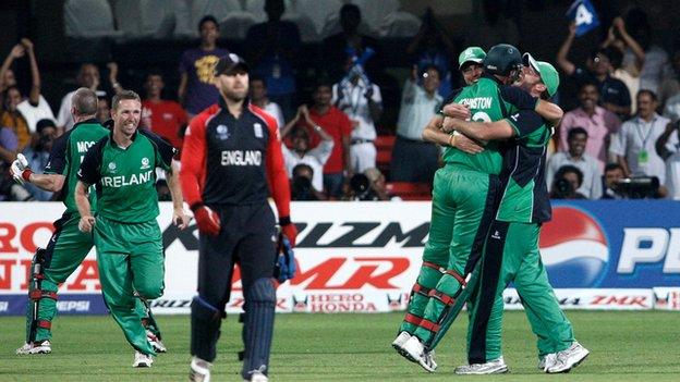 Matt Prior walks off dejected as Ireland celebrate beating England at the 2011 World Cup