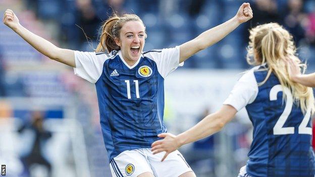 Lisa Evans celebrates opening the scoring for Scotland against Romania