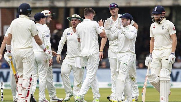 Mark Adair celebrates taking the wicket of England's Jonny Bairstow in the Test at Lord's in 2019