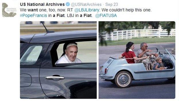 US National Archives tweets: We want one, too, now. RT @LBJlibrary: We couldn't help this one. #PopeFrancis in a Fiat. LBJ in a fiat @FIATUSA