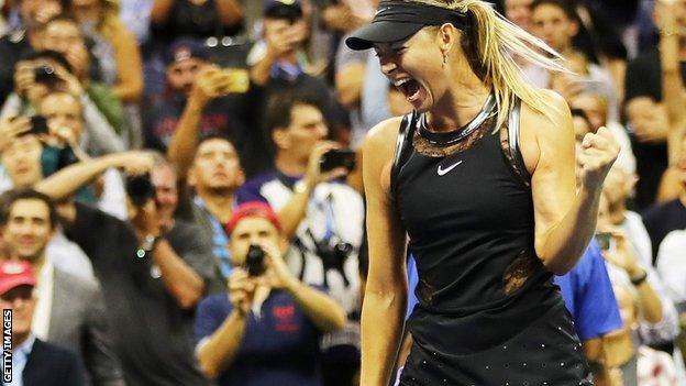 Maria Sharapova of Russia celebrates beating Simona Halep at the US Open